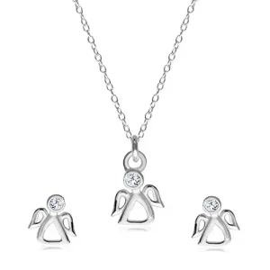 925 srebrni dvostruki set - naušnice i ogrlica, rezbareni anđeo s prozirnim cirkonom