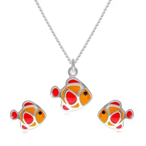 925 srebrni dvostruki set - ogrlica i naušnice, crveno-narančasta riba