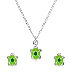925 srebrni dvostruki set - ogrlica i naušnice, kornjača sa zelenom glazurom na svom oklopu