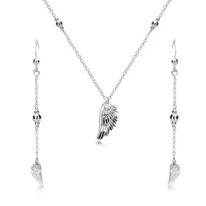 925 srebrni set - naušnice i ogrlica, anđeosko krilo i sjajne kuglice