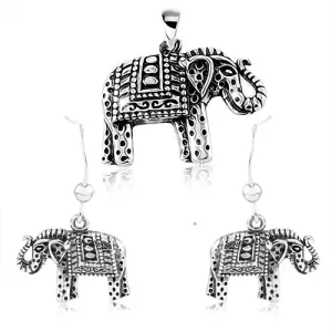 925 srebrni set, naušnice i privjesak, ugravirani slon sa crnom patinom