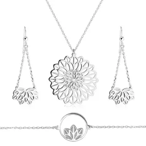 925 srebrni set od tri dijela - ogrlica, narukvica, naušnice, motiv cvijeća s rezbarenim laticama