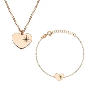 925 srebrni set ružičasto-zlatne boje - narukvica i ogrlica, srce s Polarisom i dijamantom