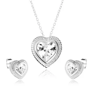 Komplet ogrlica i naušnice od srebra 925, pravilno srce, prozirni cirkon