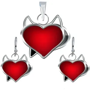 Set naušnice i privjesak od 925 srebra - crveno srce malog vraga