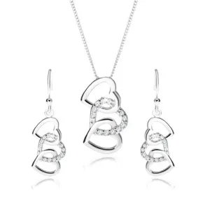 Set od 925 srebra, naušnice i ogrlica - konture tri međusobno povezana srca, prozirni cirkoni