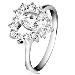 925 srebrni prsten, brušeno cirkonsko zrno, silueta srca, prozirni cirkoni - Veličina: 50