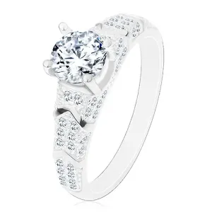 925 srebrni prsten, okrugli cirkon prozirne boje, sjajni krakovi, lukovi - Veličina: 50