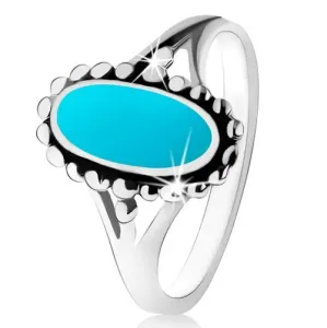 925 srebrni prsten, oval tirkizne boje, mala lopta, razdvojeni krakovi - Veličina: 52