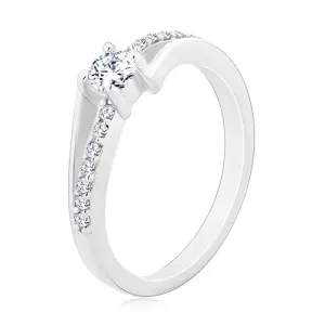 925 srebrni prsten, razdvojeni zakrivljeni krakovi, okrugli prozirni cirkon - Veličina: 54