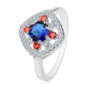 925 srebrni prsten, tamno plava sredina, prozirni i crveni cirkoni - Veličina: 50