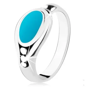 925 srebrni prsten, tirkizno - plavi oval, sjajni rub, tri loptice - Veličina: 52