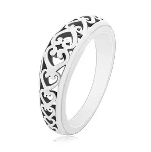 925 srebrni prsten, ugravirani ornamenti srca, crna patina - Veličina: 50