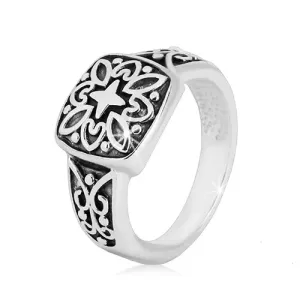 Srebrni prsten 925 - ukrasni kvadrat i izrezbareni krakovi s patinom - Veličina: 49