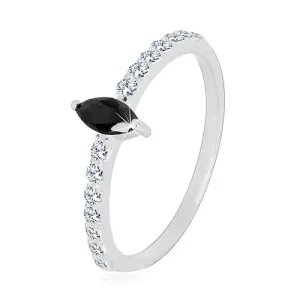 925 srebrni prsten - uski krakovi, cirkonsko zrno crne boje, prozirni cirkoni - Veličina: 51