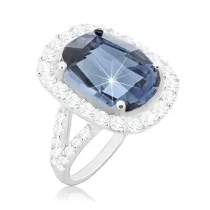 925 srebrni prsten, veliki brušeni cirkon plave boje i prozirnog ruba - Veličina: 61