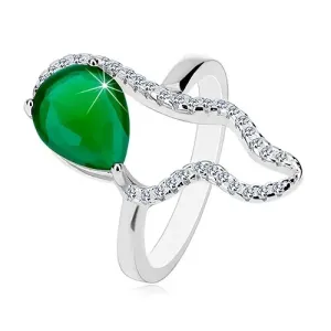 925 srebrni prsten - veliki zeleni cirkon u obliku suze, prozirna asimetrična silueta - Veličina: 52