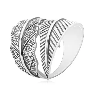 925 srebrni prsten, veliko lišće zakrivljeno na suprotnim stranama, siva patina - Veličina: 55