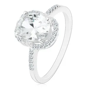 925 srebrni prsten - zaručnički, veliki ovalni cirkon prozirne boje u postolju, prozirni rub - Veličina: 52