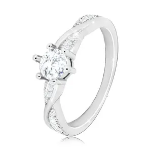 925 srebrni zaručnički prsten - okrugli prsten, valovite sjajne linije, cirkoni - Veličina: 49