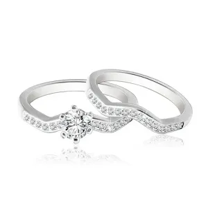 Dvostruki set srebrnog vjenčanog prstenja i 925 srebrni prsten - valovita cirkonska linija, svjetlucav okrugli cirkon - Veličina: 48