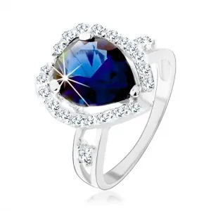 Prsten, 925 srebro, razdvojeni krakovi, plavi cirkon - suza, svjetlucavi obrub - Veličina: 60