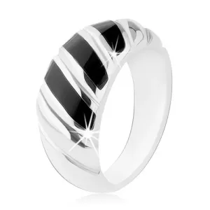 Prsten, 925 srebro, tri ukošene pruge crne bokje, utori - Veličina: 53
