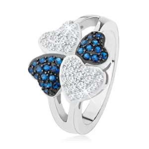 Prsten izrađen od 925 srebra, četiri srca - mali prozirni i plavi cirkoni - Veličina: 50