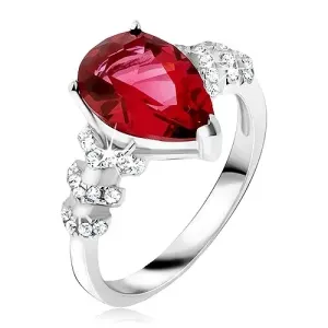 Prsten izrađen od 925 srebra - crveni kamen u obliku suze, strelice s prozirnim cirkonima - Veličina: 50