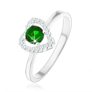 Prsten izrađen od 925 srebra, kontura svjetlucavog srca, zeleni okrugli cirkon - Veličina: 46