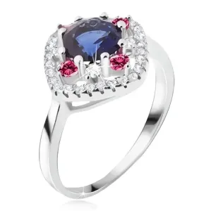 Prsten izrađen od 925 srebra, okrugli plavi cirkon, prozirni i ružičasti kamenčići - Veličina: 56