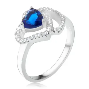 Prsten izrađen od 925 srebra, plavi srcoliki cirkon, konture srca s cirkonima - Veličina: 55