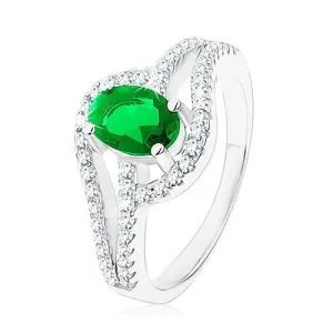 Prsten izrađen od 925 srebra, spojene konture u obliku suze, zeleni cirkon - Veličina: 52