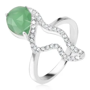 Prsten izrađen od 925 srebra - zeleni kamen u obliku suze, valovita linija s cirkonima - Veličina: 49