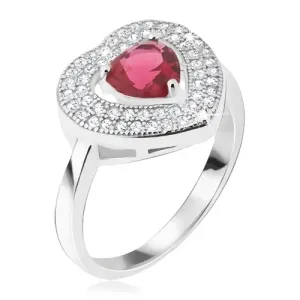 Prsten izrađen od srebra čistoće 925 - crveni kamen u obliku srca, obrub ukrašen cirkonima - Veličina: 56