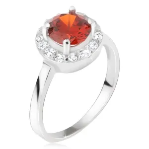Prsten izrađen od srebra čistoće 925, okrugli crveni kamen, krug obrubljen prozirnim cirkonima - Veličina: 56