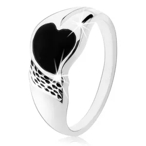 Prsten od 925 srebra, asimetrično srce sa crnim sjajem, nježni usjeci - Veličina: 50