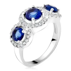 Prsten od 925 srebra, krugovi s cirkonima, tri plava kamena - Veličina: 50
