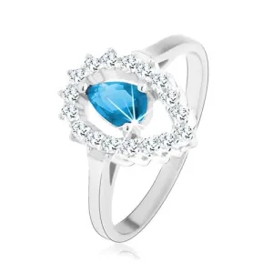 Prsten od 925 srebra, prozirna silueta obrnute suze sa cirkonom akvamarin boje - Veličina: 49