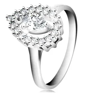 Prsten od 925 srebra, silueta velike obrnute kapljice sa prozirnom suzom - Veličina: 49