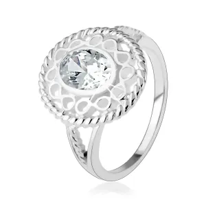 Prsten od 925 srebra, šira kontura koju čine simboli za beskonačnost, ovalni prozirni cirkon - Veličina: 53