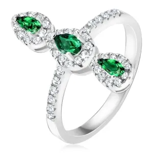 Prsten od 925 srebra, tri zelena kamena u obliku suze, rub s cirkonima - Veličina: 52
