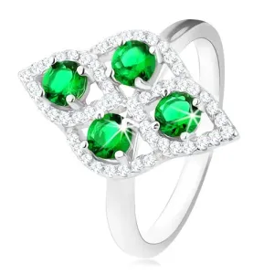 Prsten od 925 srebra, zaobljeni romb, četiri okrugla zelena cirkona, prozirni rub - Veličina: 51