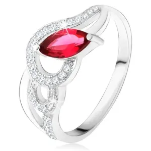Prsten od srebra 925, cirkonski i glatki valovi, crveni kamen u obliku zrna - Veličina: 50