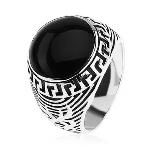 Prsten od srebra 925, crni glazirani krug, ukras u obliku grčkog ključa - Veličina: 58