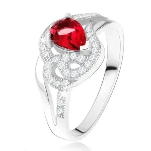 Prsten od srebra 925, kamen u obliku suze rubinsko crvene boje, valovite cirkonske linije - Veličina: 58