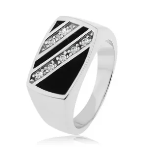 Prsten od srebra 925, pravokutnik - ukošena linija prozirnih cirkona, crna glazura - Veličina: 57