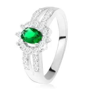Prsten od srebra 925, tamno zeleni kamen, razdvojeni ukrašeni krakovi - Veličina: 52