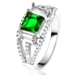 Prsten od srebra 925, zeleni kvadratni cirkom, prozirni pravokutni kamenčići - Veličina: 51