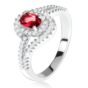 Prsten od srebra, crveni kamen s obrubom, zakrivljeni cirkonski krakovi - Veličina: 51